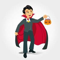 Cute cartoon  boy in vampire costume with a pumpkin bag for sweets trick or treat isolated on white background vector