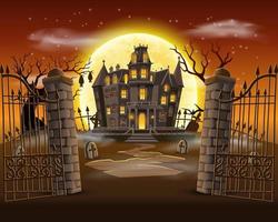 happy halloween background with scary pumpkin on graveyard with haunted house, and full moon vector