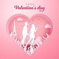 tarjeta de felicitación del día de san valentín. pareja caminando y tomados de la mano con fondo de corazón tallado vector