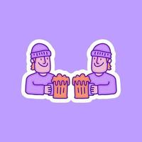 Two young man cheers with beers, with soft pop style and old style 90s cartoon drawings. Artwork for street wear, t shirt, patchworks. vector