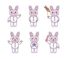 Set of cute boy in bunny costume mascot character. illustration for t shirt, poster, logo, sticker, or apparel merchandise. Kawaii and soft pop style. vector