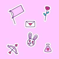 conjunto de dibujos animados de doodle de tema romántico lindo. conejito, bandera, flecha, carta de amor, flor. ilustración para camisetas, afiches, logotipos, pegatinas o prendas de vestir. vector