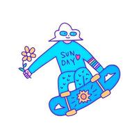 fresco personaje de nube sosteniendo girasol y estilo libre con patineta, ilustración para camiseta, pegatina o mercancía de ropa. con arte pop moderno. vector