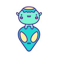 Cute kappa and alien illustration, with soft pop style and old style 90s cartoon drawings. Artwork for sticker, patchworks. vector