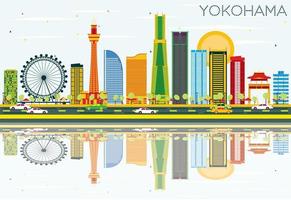 horizonte de yokohama con edificios de color, cielo azul y reflejos. vector