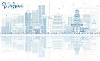 Outline Wuhan Skyline with Blue Buildings and Reflections. vector