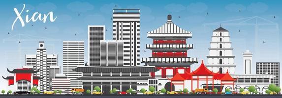 Xian Skyline with Gray Buildings and Blue Sky. vector