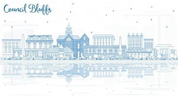 Outline Council Bluffs Iowa City Skyline with Blue Buildings and Reflections. vector