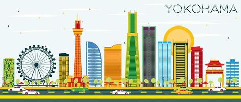 horizonte de yokohama con edificios de color y cielo azul. vector