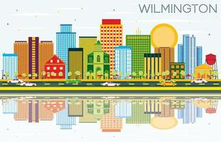 Wilmington Skyline with Color Buildings, Blue Sky and Reflections. vector