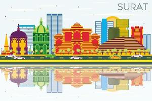 Surat Skyline with Color Buildings, Blue Sky and Reflections. vector