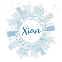 Outline Xian Skyline with Blue Buildings and Copy Space. vector