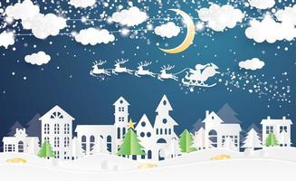 Christmas Village and Santa Claus in Sleigh in Paper Cut Style. vector