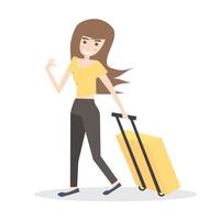 Young Woman with Yellow Suitcase Isolated on White Background. vector