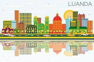 Luanda Angola Skyline with Color Buildings, Blue Sky and Reflections. vector