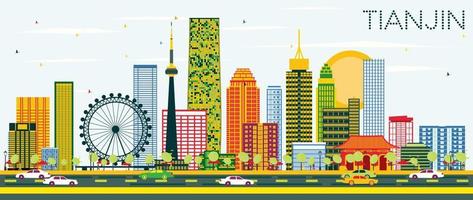 Tianjin Skyline with Color Buildings and Blue Sky. vector