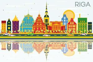 Riga Skyline with Color Buildings, Blue Sky and Reflections. vector