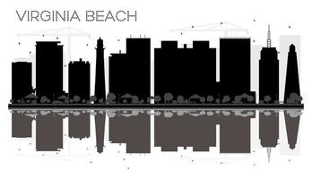 Virginia Beach City skyline black and white silhouette with reflections. vector