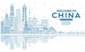 Outline China Skyline with Blue Buildings and Reflections. vector