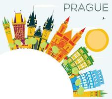 Prague Skyline with Color Buildings, Blue Sky and Copy Space. vector