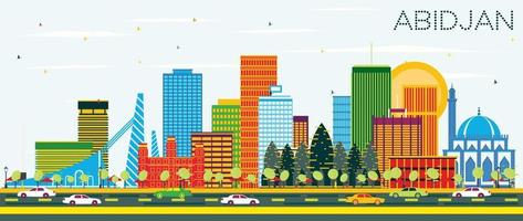 Abidjan Ivory Coast City Skyline with Color Buildings and Blue Sky. vector