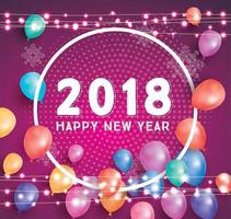 tarjeta de felicitación de feliz año nuevo 2018 con globos voladores, marco blanco y guirnaldas de neón. vector