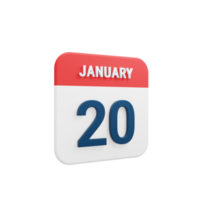 ícone de calendário realista de janeiro ilustração 3d data 20 de janeiro png