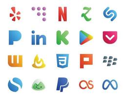 Paquete de 20 íconos de redes sociales que incluye basecamp blackberry google play plurk feedburner vector