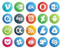 Paquete de 20 íconos de redes sociales que incluye anuncios rss quicktime app net android vector