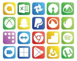 Paquete de 20 íconos de redes sociales que incluye google play google duo grooveshark spotify chrome vector