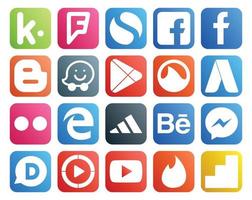 Paquete de 20 íconos de redes sociales que incluye video disqus grooveshark messenger adidas vector