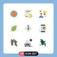 Mobile Interface Flat Color Set of 9 Pictograms of bee nature play leaf user Editable Vector Design Elements