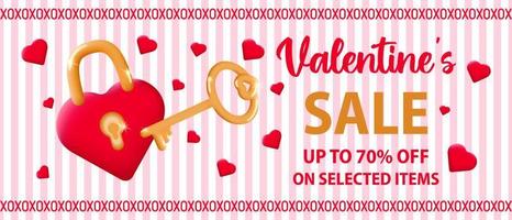 Sale banner for Valentines Day. Poster with red heart shaped lock, golden key and discount text. The concept of promoting purchases and discounts on selected items. Vector illustration.