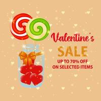 Template with candy on a stick in a jar and text with discounts on selected products. Sale banner for Valentines Day. The concept of promoting purchases and discounts on selected items. Vector. vector