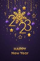 Happy New 2023 Year. Hanging Golden metallic numbers 2023 with shining snowflake and confetti on purple background. New Year greeting card or banner template. Holiday decoration. Vector illustration.