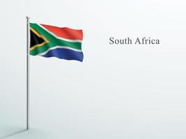 elemento 3d de la bandera de sudáfrica ondeando en un asta de bandera de acero vector
