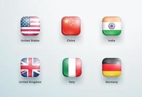 National Flags Square 3d Glossy Buttons Icons Set vector