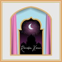 modern style Ramadan Mubarak greeting cards with retro boho design, moon, mosque dome and lanterns Vector Formats