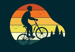 ilustración de ciclismo de montaña con ciclismo por las montañas para deportes, ocio y estilo de vida saludable en plantillas dibujadas a mano de silueta de caricatura plana vector