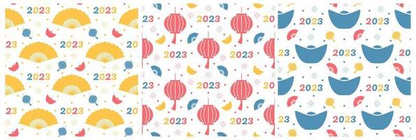 conjunto de año nuevo lunar chino 2023 días plantilla de decoración de patrones sin fisuras dibujado a mano ilustración plana de dibujos animados vector