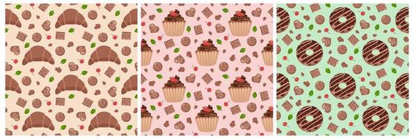 Set of Chocolate Seamless Pattern Design with Choco Decoration in Template Hand Drawn Cartoon Illustration vector