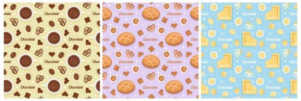 conjunto de diseño de patrones sin fisuras de chocolate con decoración de choco en plantilla ilustración de dibujos animados dibujados a mano vector