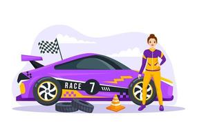 carreras de fórmula coche deportivo alcance en el circuito de carreras la línea de meta ilustración de dibujos animados para ganar el campeonato en estilo plano diseño de plantillas dibujadas a mano vector