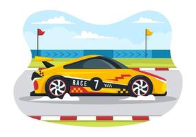 carreras de fórmula coche deportivo alcance en el circuito de carreras la línea de meta ilustración de dibujos animados para ganar el campeonato en estilo plano diseño de plantillas dibujadas a mano vector