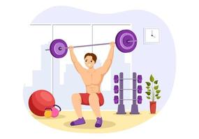 Weightlifting Sport Illustration with Athlete Lifts a Heavy Barbell, Gym Equipment and Bodybuilder Training in Flat Cartoon Hand Drawn Templates vector