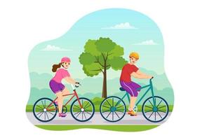 ilustración de ciclismo de montaña con ciclismo por las montañas para deportes, ocio y estilo de vida saludable en plantillas planas dibujadas a mano de dibujos animados vector