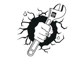 Plumbing man vector logo black and white, hand holding a wrench, retro illustration logo isolated.