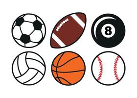 conjunto de diferentes balones deportivos, fútbol, voleibol, baloncesto, softball, ilustración vectorial de iconos planos. vector