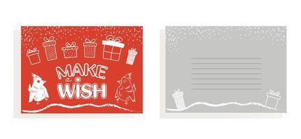 Postcards Make a wish. Red card with gifts and birds, bullfinches, snow. Vector illustration