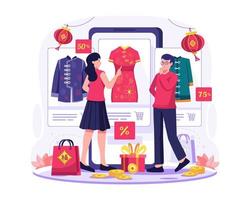 los asiáticos están comprando en línea a través de un gran teléfono inteligente. una mujer y un hombre eligen ropa china en una tienda en línea. compras de año nuevo chino vector